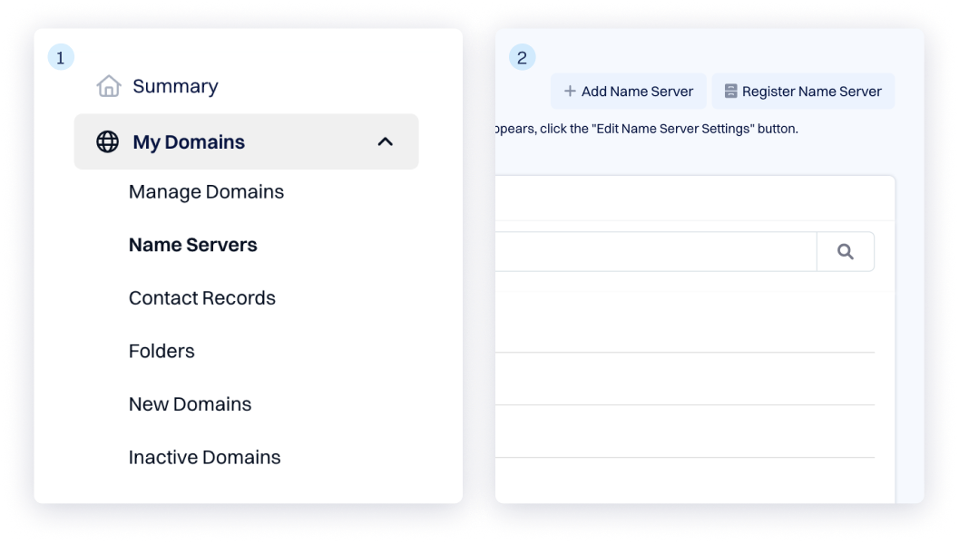 Dynadot Name Servers management page demonstrating where to add or register custom name servers from the My Domains menu.
