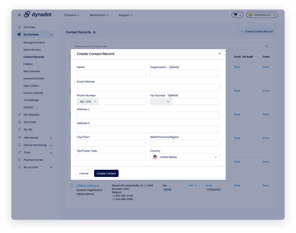 Dynadot dashboard displaying the Create Cotact Record modal with fields for name, email, phone number, address, and country.