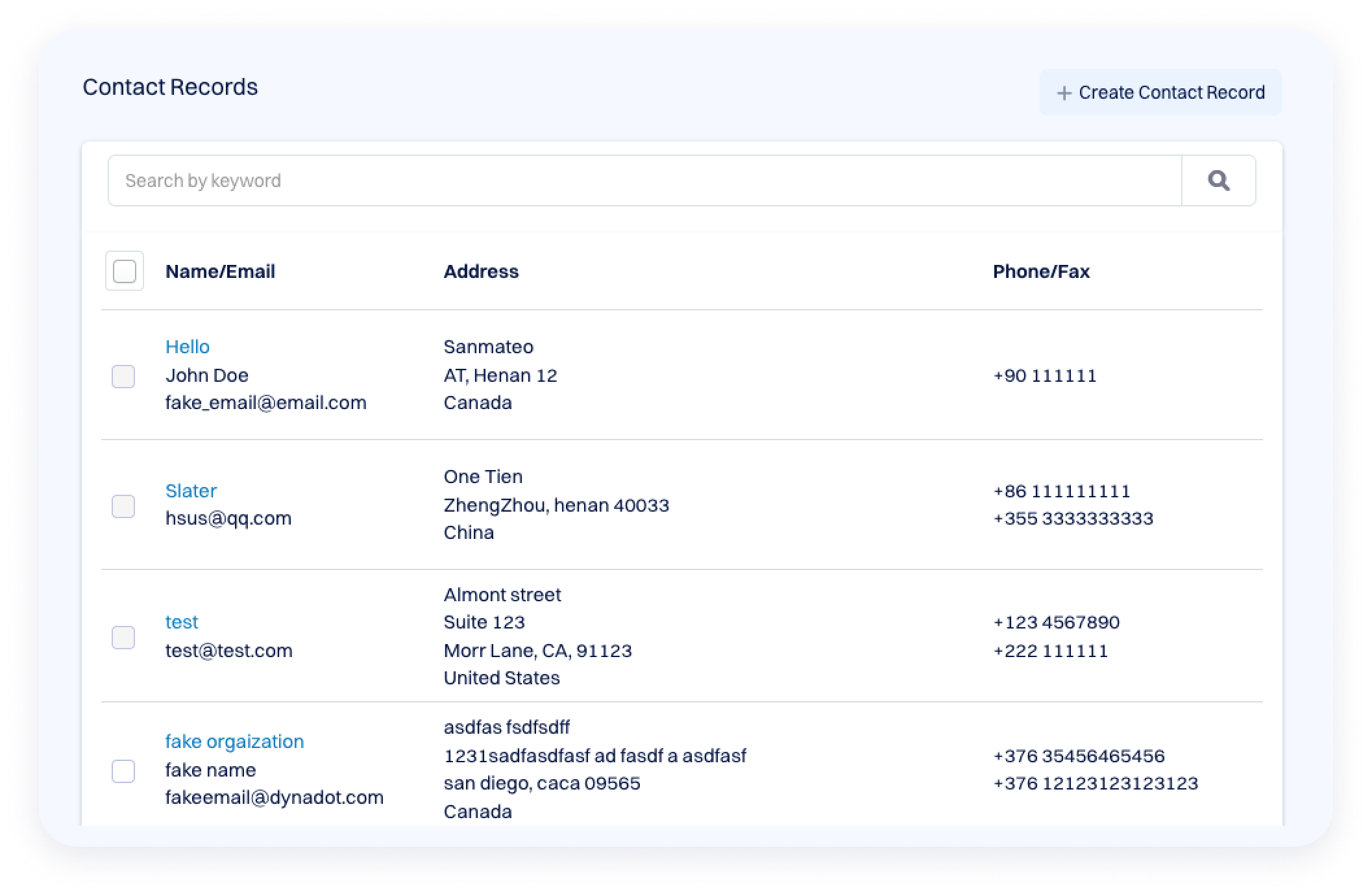 Screenshot of a contact records page showing a list of contact names, addresses, and phone numbers.