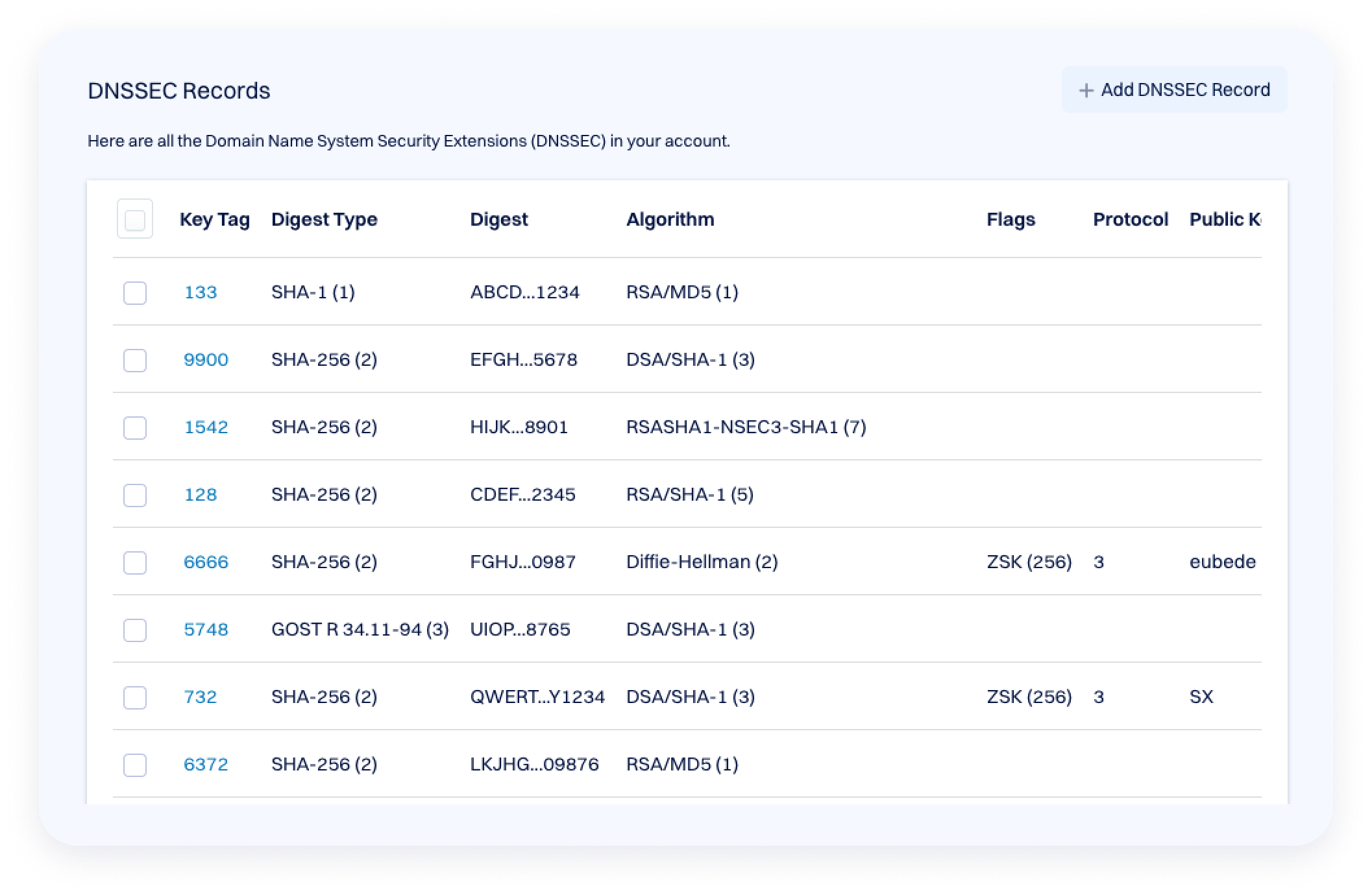 Interface showing a “DNSSEC Records” page with a table listing DNSSEC entries, including key tag, digest type, digest value, algorithm, flags, protocol, and public key, along with an option to add a new DNSSEC record.