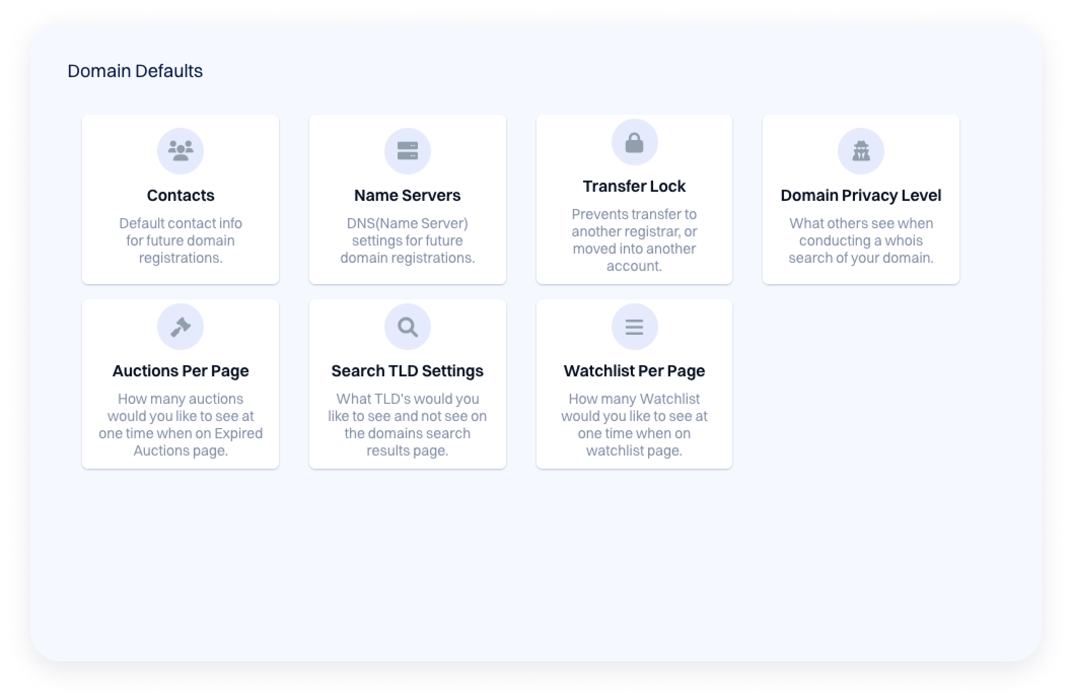 Interface showing a “Domain Defaults” page with multiple setting cards, including contacts, name servers, transfer lock, domain privacy level, auction display settings, TLD search preferences, and watchlist options.