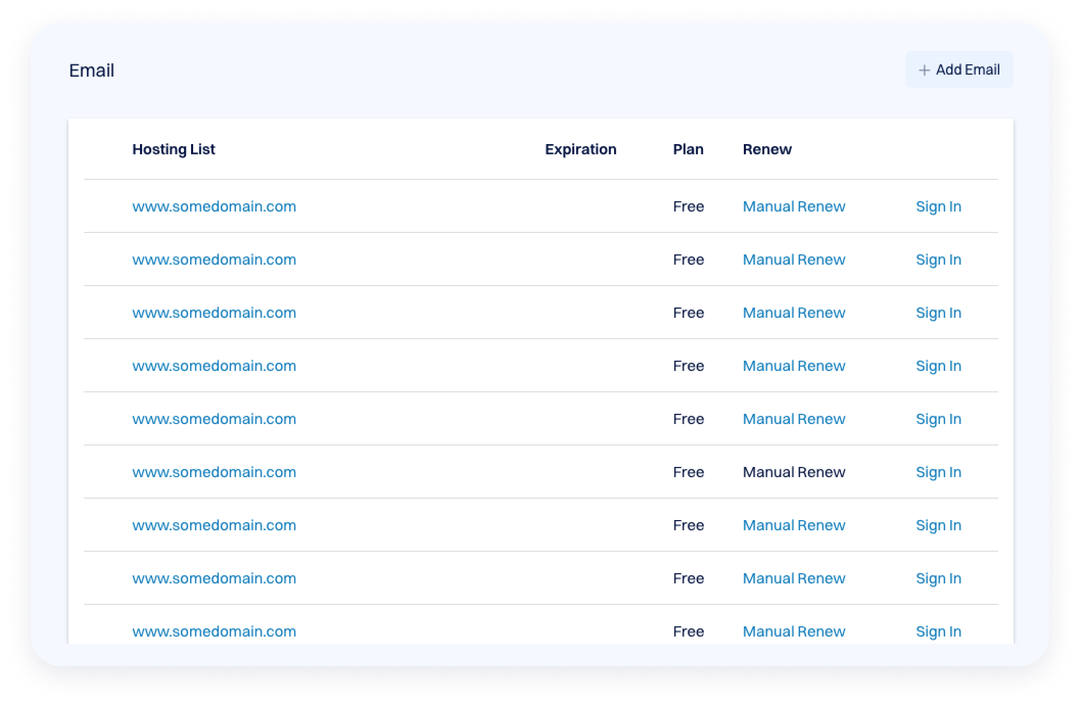 Screenshot of an Email management page showing a hosting list of multiple domain-based email accounts, each marked as a free plan with manual renewal and a “Sign In” action.