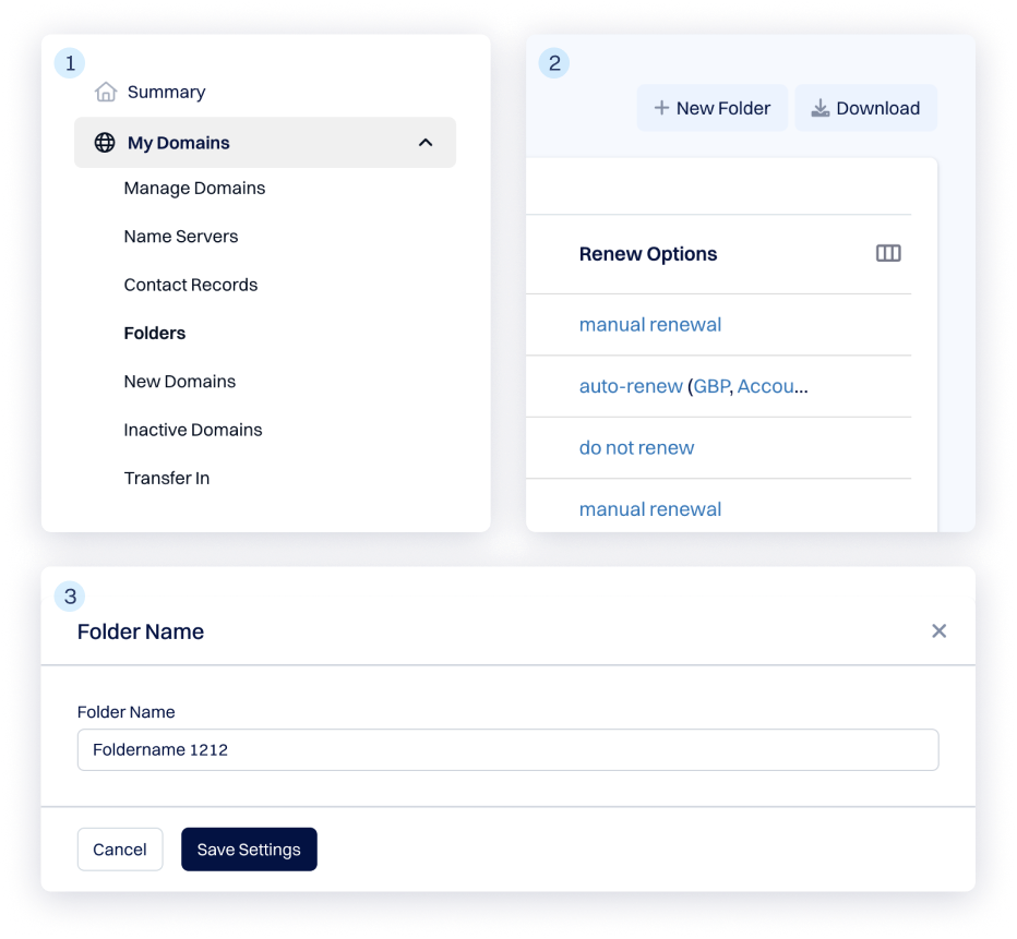 My Domains sidebar with Folders selected, a list of domain renewal options, and a Folder Name dialog used to create or edit a domain folder.