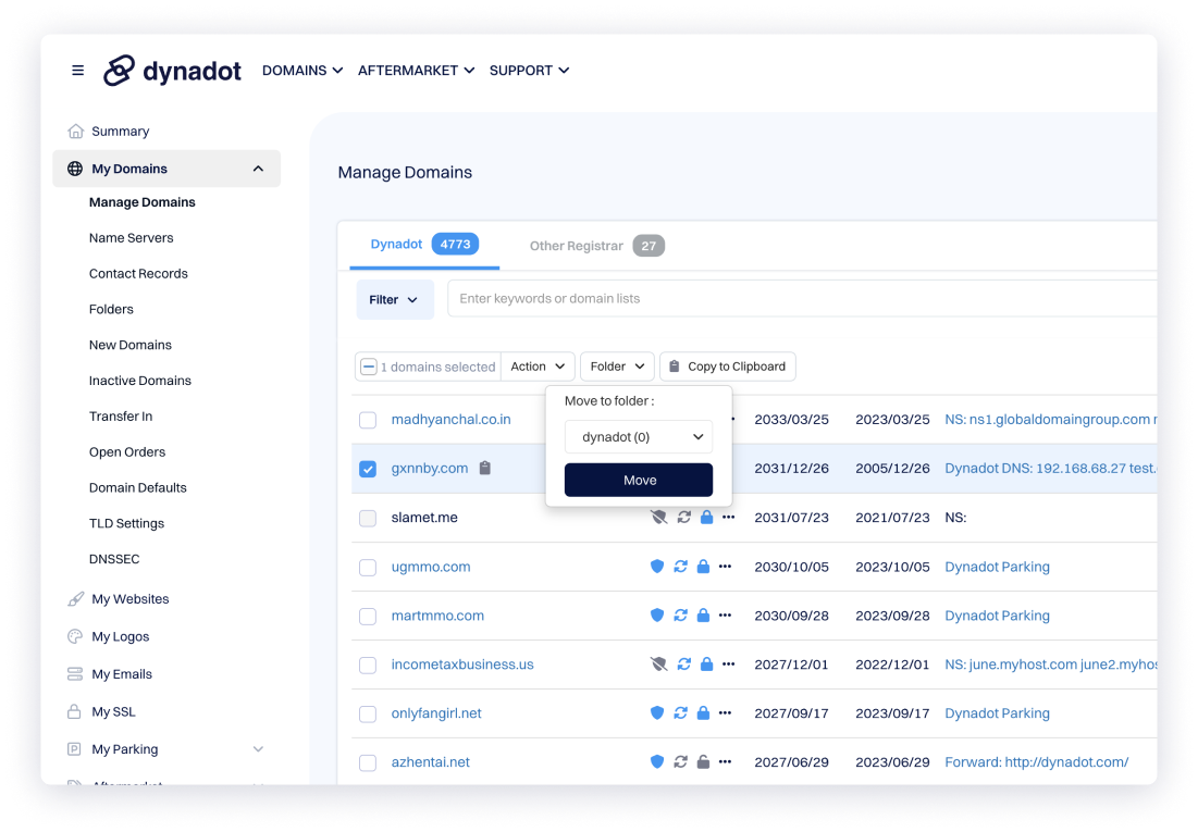 Manage Domains page in Dynadot with a list of domains selected and a pop-up dialog for moving a domain into a folder.