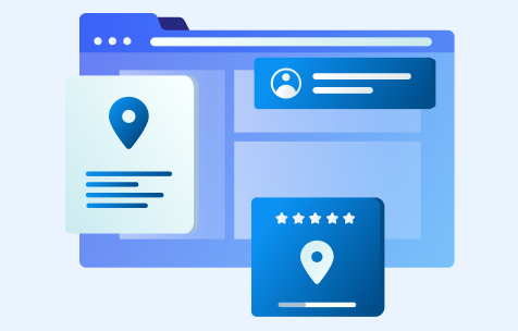Illustration of a website interface with location pins, user profile cards, and star ratings, representing local business listings and location-based search results.