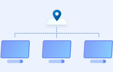 Diagram showing a central location pin connected by dashed lines to three computers, illustrating distributed servers or global DNS routing.
