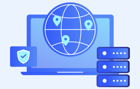 Illustration of a laptop displaying a global network with location pins, alongside server stacks and a security shield, representing secure global infrastructure and data distribution.