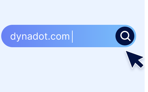 Dynadot domain search bar showing “dynadot.com” typed in, with a magnifying glass search icon and cursor clicking to check domain availability.