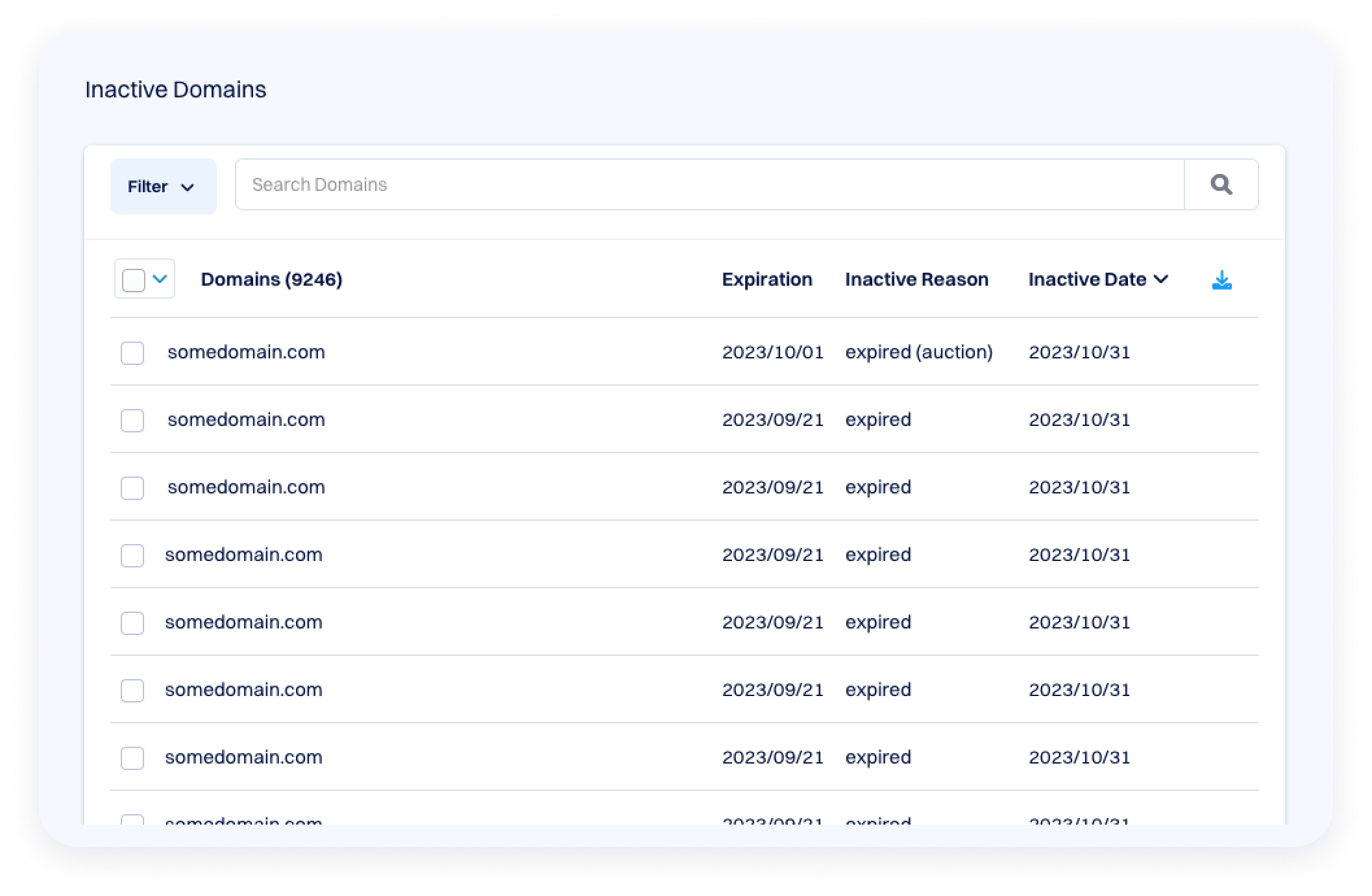Interface showing an “Inactive Domains” dashboard with a searchable table of domains, including expiration dates, inactive reasons such as expired or auction, and inactive dates.