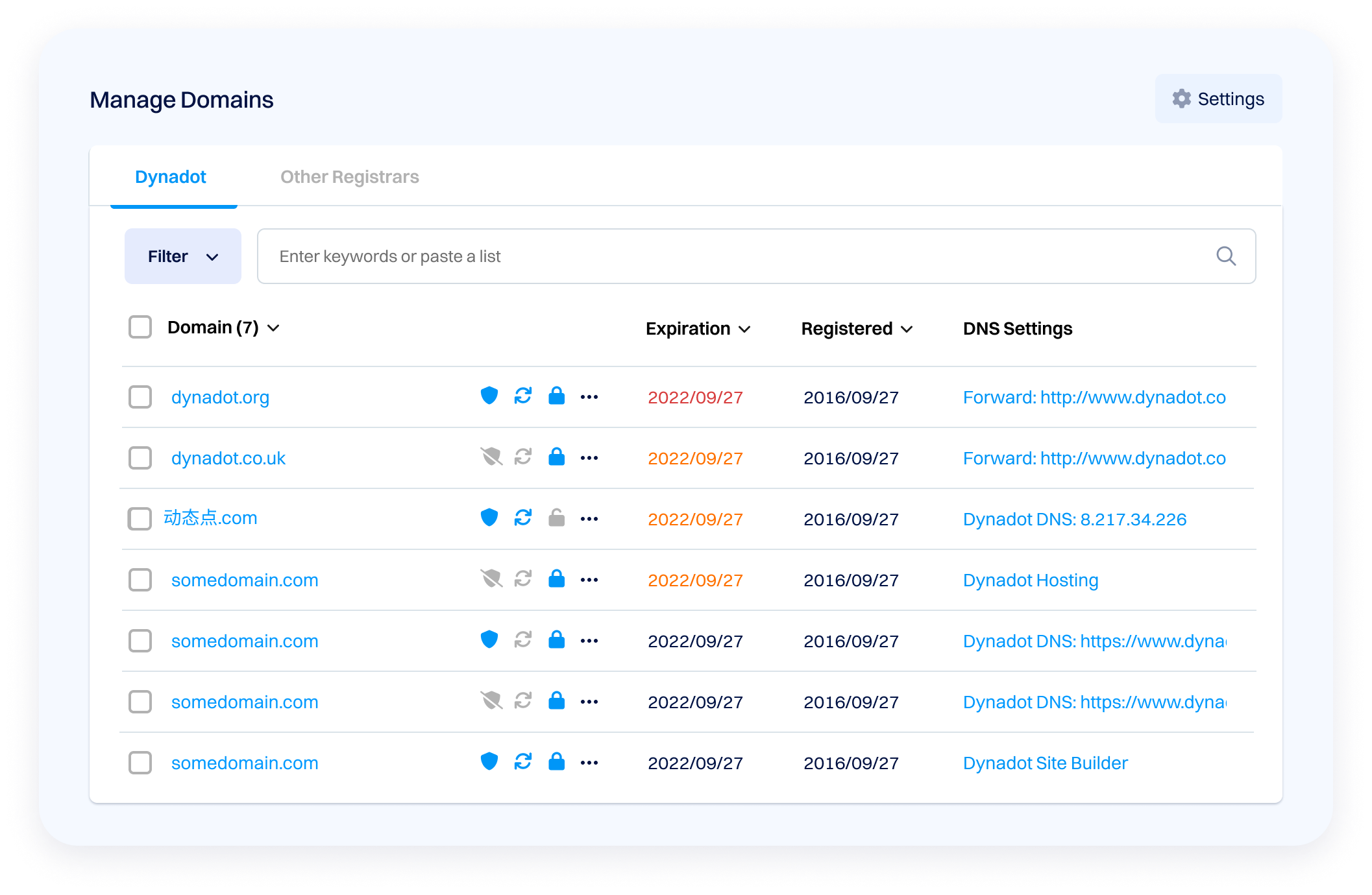 Screenshot of a domain management dashboard listing multiple domains with expiration dates, registration dates, and DNS settings.