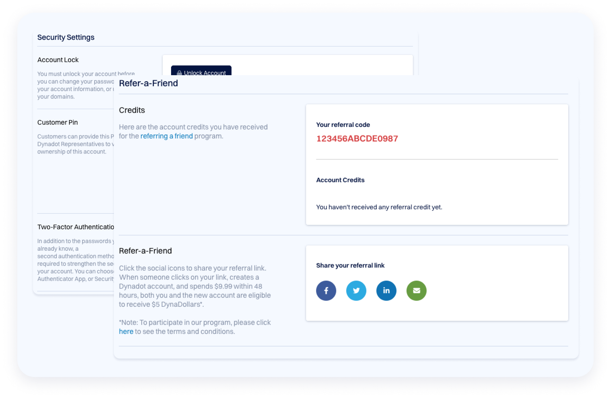 Screenshot of the Dynadot account security settings showing account lock, customer PIN, two-factor authentication, and the refer-a-friend section with referral code, account credits, and social sharing options.