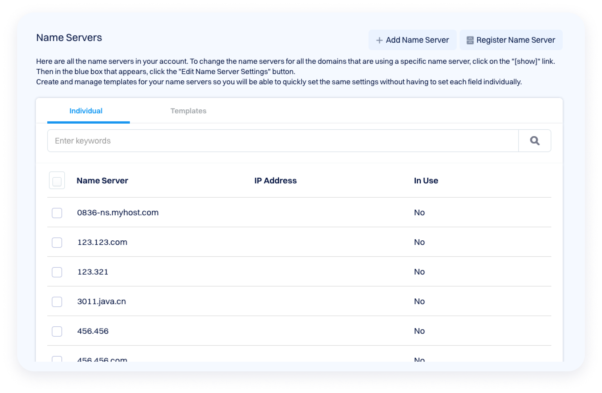 Interface showing a “Name Servers” management screen with options to add or register name servers and a table listing name server entries, IP address columns, and “In Use” status.