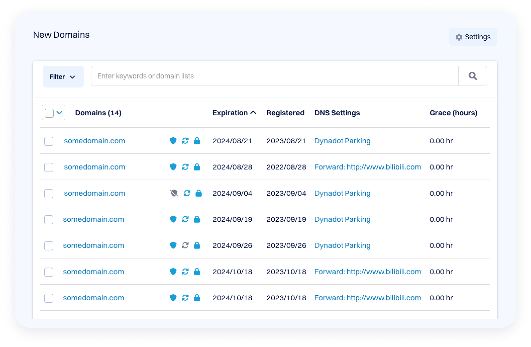 Interface showing a “New Domains” page with a searchable table of domains, including expiration dates, registration dates, DNS settings, and grace period hours.