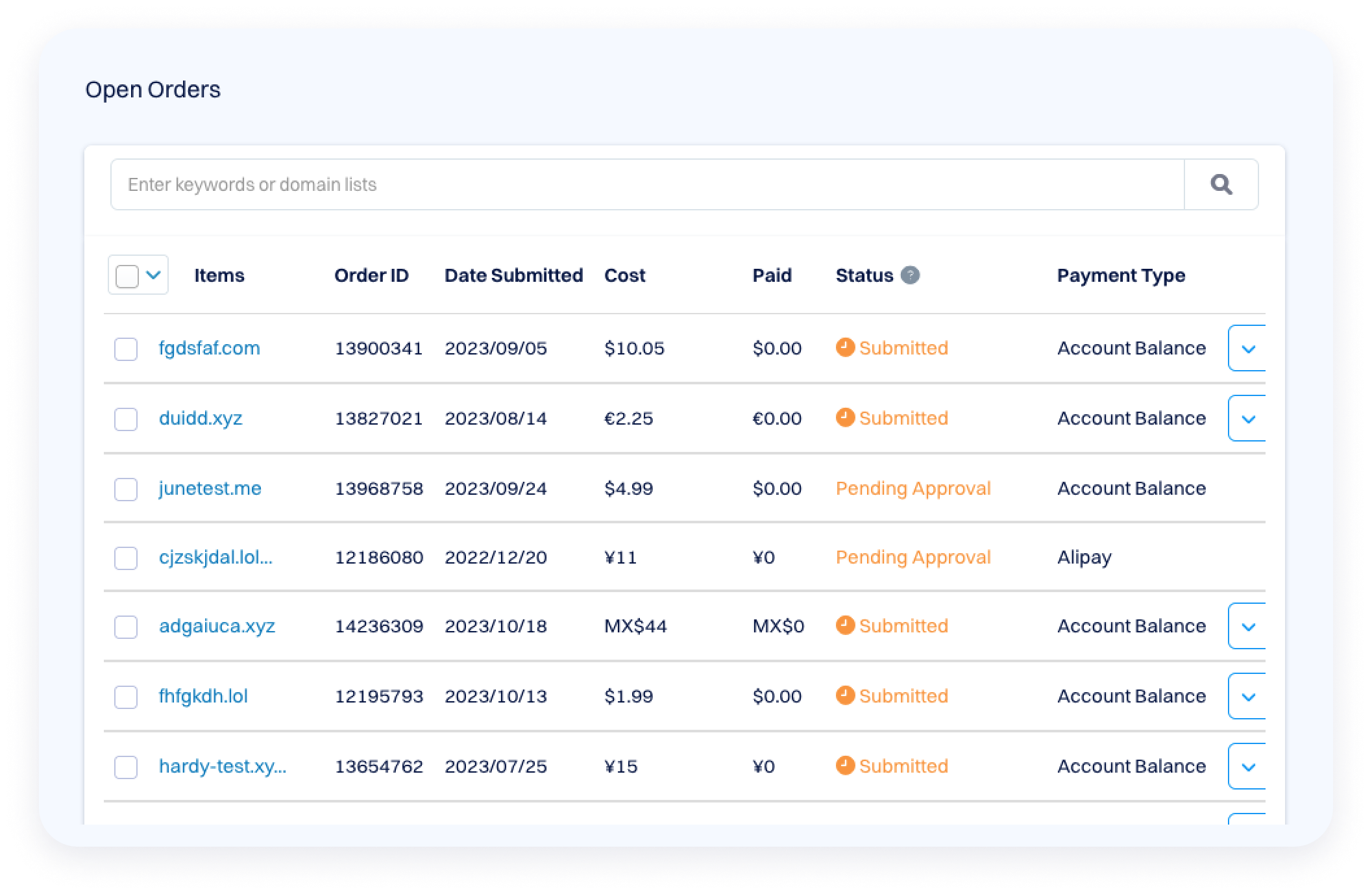 Interface showing an “Open Orders” dashboard with a searchable table of domain orders, including order ID, submission date, cost, payment status, order status, and payment type.