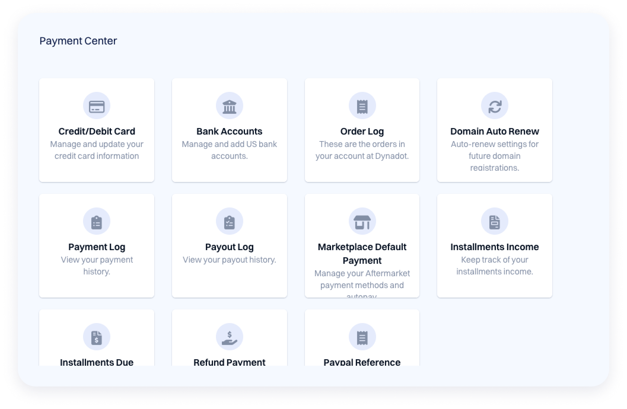 Screenshot of the Dynadot Payment Center showing payment and billing tools, including credit/debit cards, bank accounts, order logs, auto-renew settings, payment history, payouts, and marketplace payment options.
