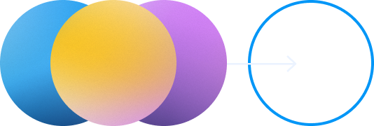 Abstract graphic showing overlapping blue, yellow, and purple circles on the left, connected by an arrow to a single outlined circle on the right.