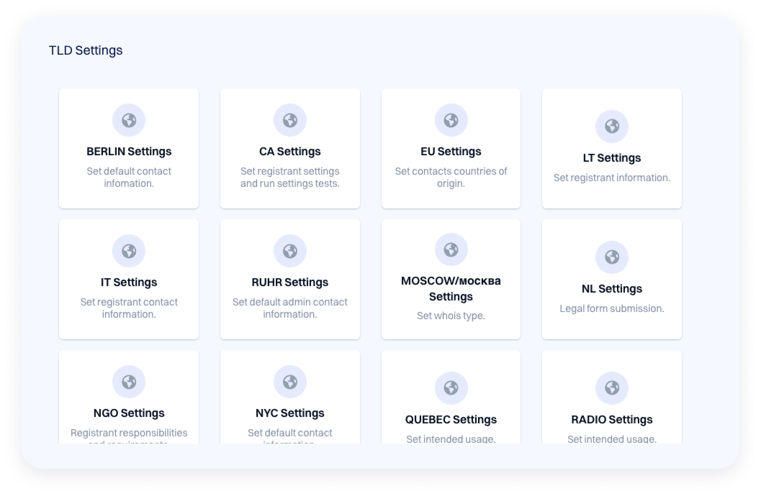 Interface displaying a “TLD Settings” page with multiple cards for managing settings by region, including BERLIN, CA, EU, LT, IT, RUHR, MOSCOW, NL, NGO, NYC, QUEBEC, and RADIO.