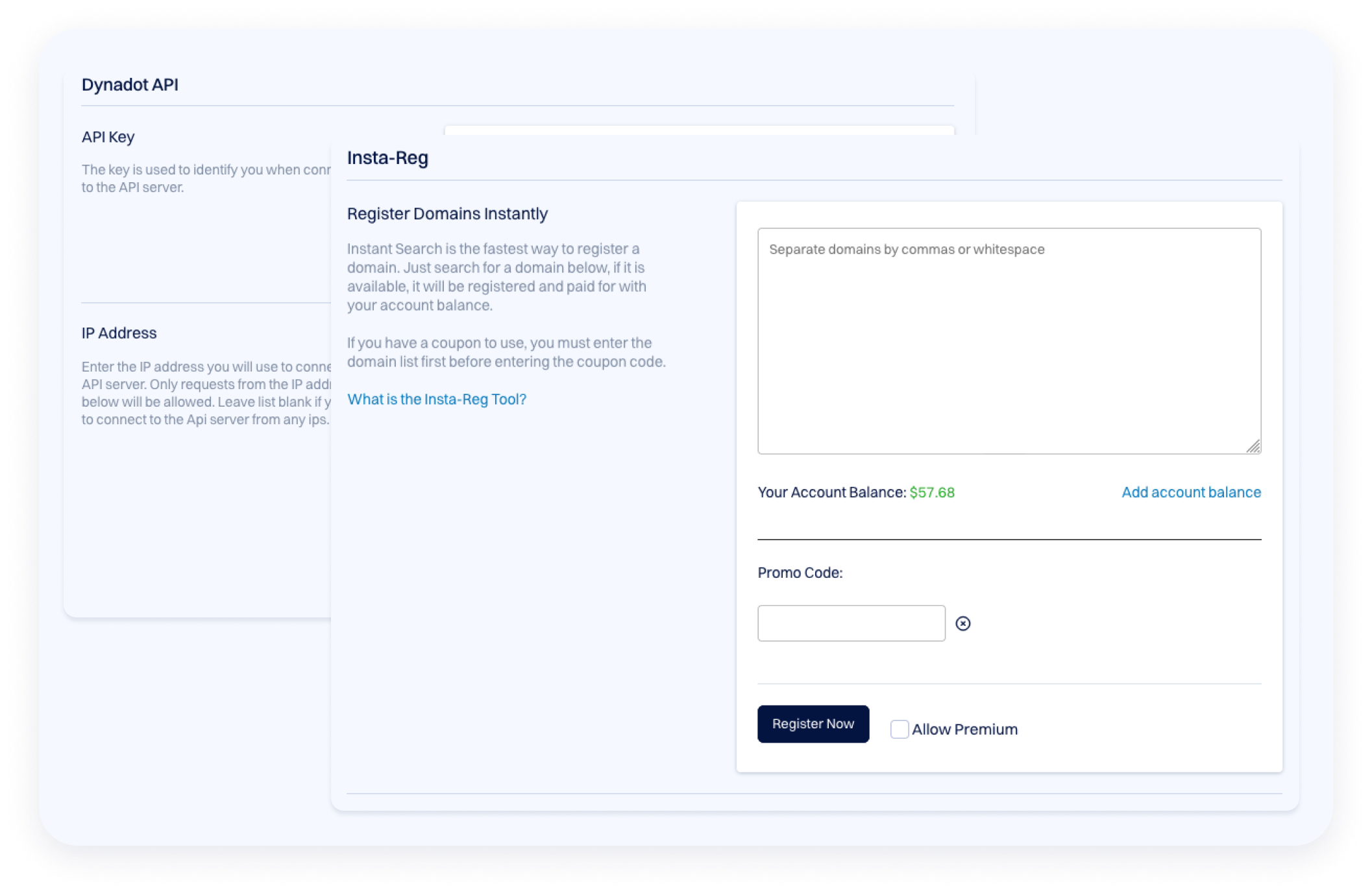 Screenshot of the Dynadot API Insta-Reg interface showing instant domain registration tools, including a domain input field, account balance, promo code option, and a “Register Now” button.
