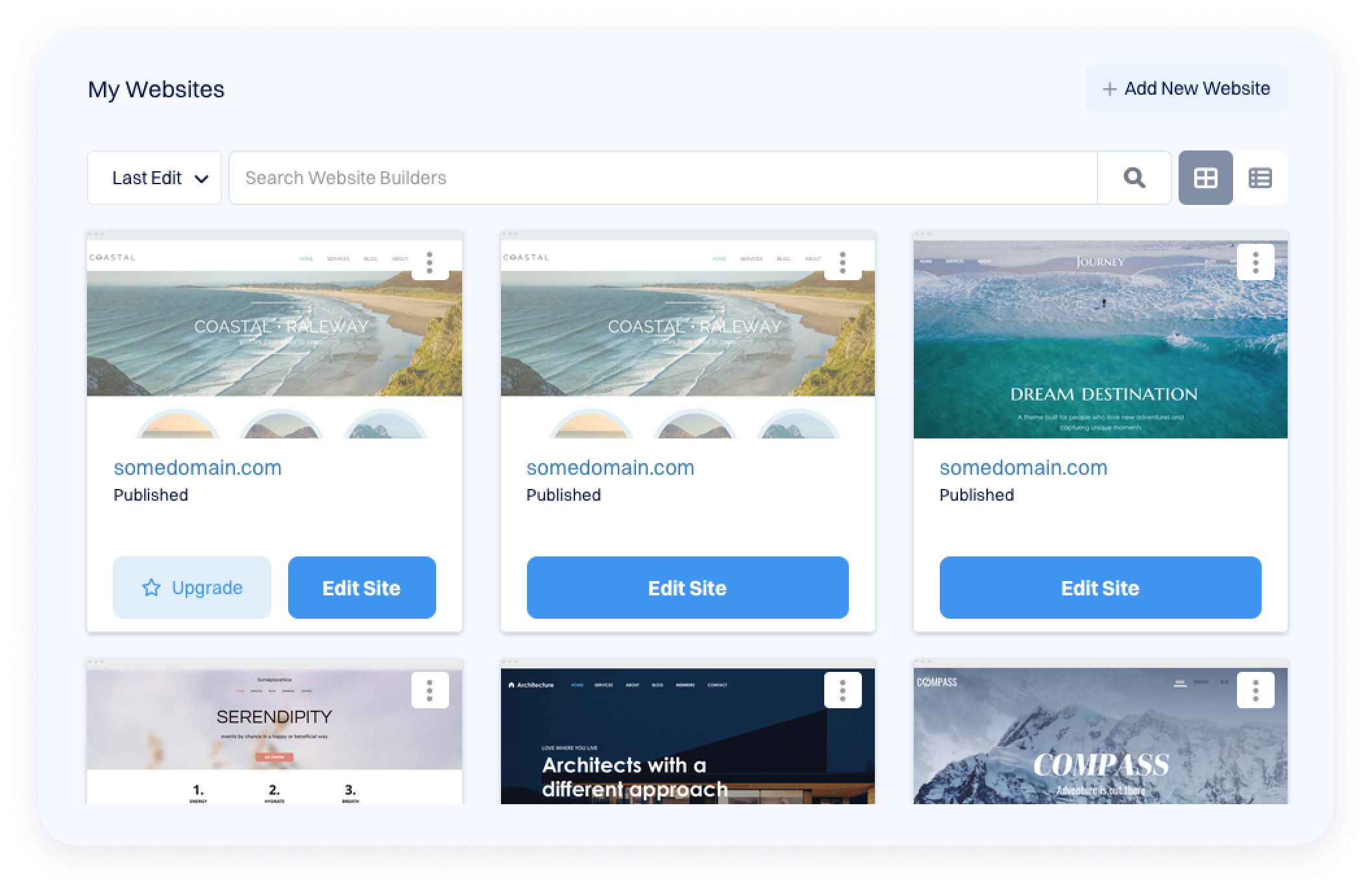 Screenshot of a “My Websites” page displaying multiple website builder thumbnails in a grid layout, each labeled with a domain name, publication status, and an “Edit Site” button, plus options to search, sort, and add a new website.