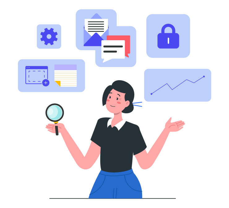 Illustration of a person holding a magnifying glass with floating icons for settings, messages, security, documents, and analytics around them.