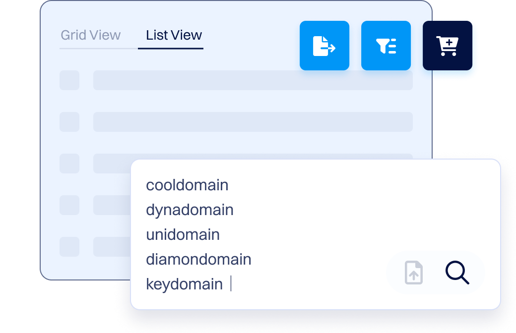 Screenshot-style illustration of Dynadot’s Bulk Search interface in List View, showing a list of domain names being entered (e.g., cooldomain, dynadomain) with action icons for exporting, filtering, and adding to cart.