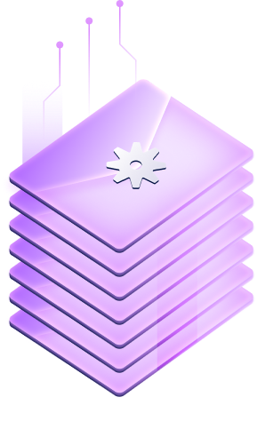 3D purple gradient illustration of a stacked data/server block with a small security badge icon on top and abstract vertical shapes in the background.