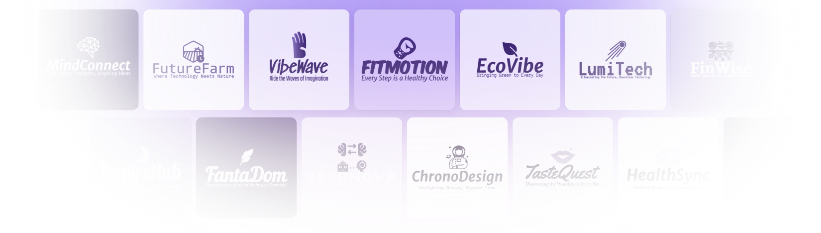 Illustration displaying a grid of sample brand logo cards with names like FutureFarm, VibeWave, FitMotion, EcoVibe, and LumiTech, each with a unique icon and tagline, representing automatically generated logo ideas for different industries and brand styles.