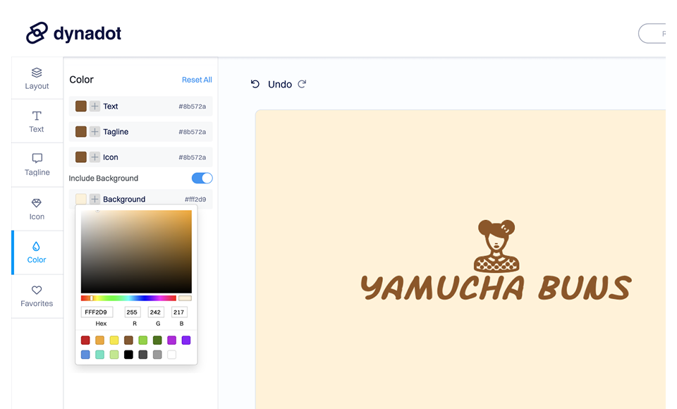 Screenshot of the Dynadot logo builder editor showing color customization options on the left, including text, tagline, icon, and background color pickers, with a logo preview on the right displaying the brand name “YAMUCHA BUNS” and a stylized character icon on a light background.