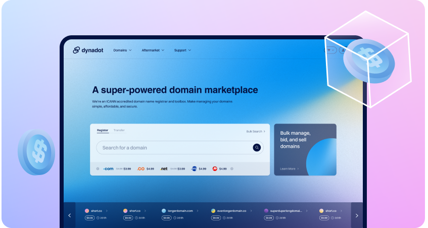 Dynadot domain marketplace homepage with search bar and domain management features.