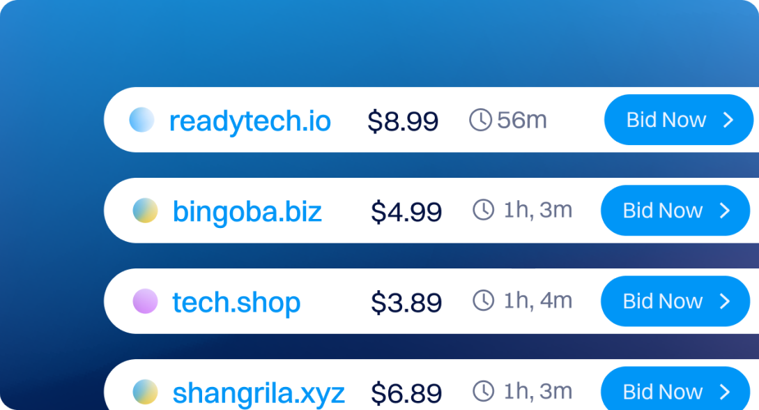 Dynadot domain auction list displaying active bids, prices, and remaining time.