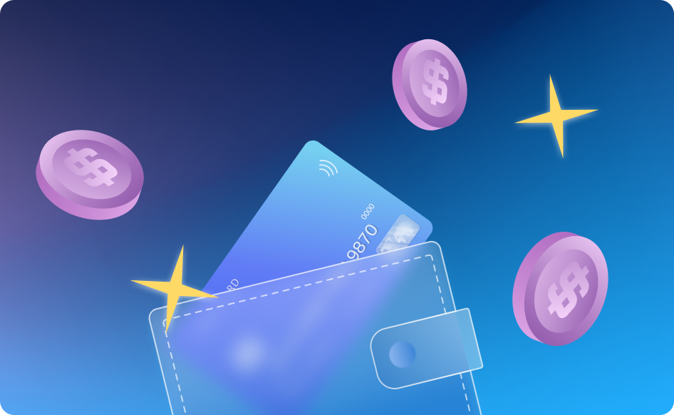 Digital wallet illustration showing a payment card and floating dollar coins on a blue gradient background.