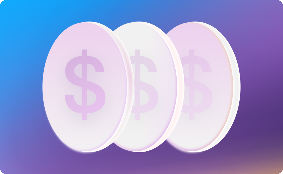 Stacked coin illustration with dollar symbols on a blue-purple gradient background.