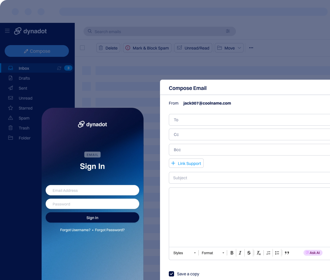 Dynadot-themed email interface background showing a "Compose Email" window on the right and a Dynadot "Sign In" login card overlay on the left.