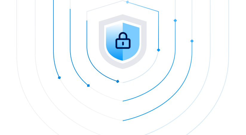 Shield icon with a padlock at the center, surrounded by layered curved lines and connection paths, representing multi-layer security, data protection, and secure infrastructure.