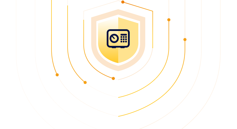 Shield graphic with a safe icon at the center, surrounded by layered orange lines and nodes, symbolizing protected assets, secure payments, and financial security within a safeguarded system.