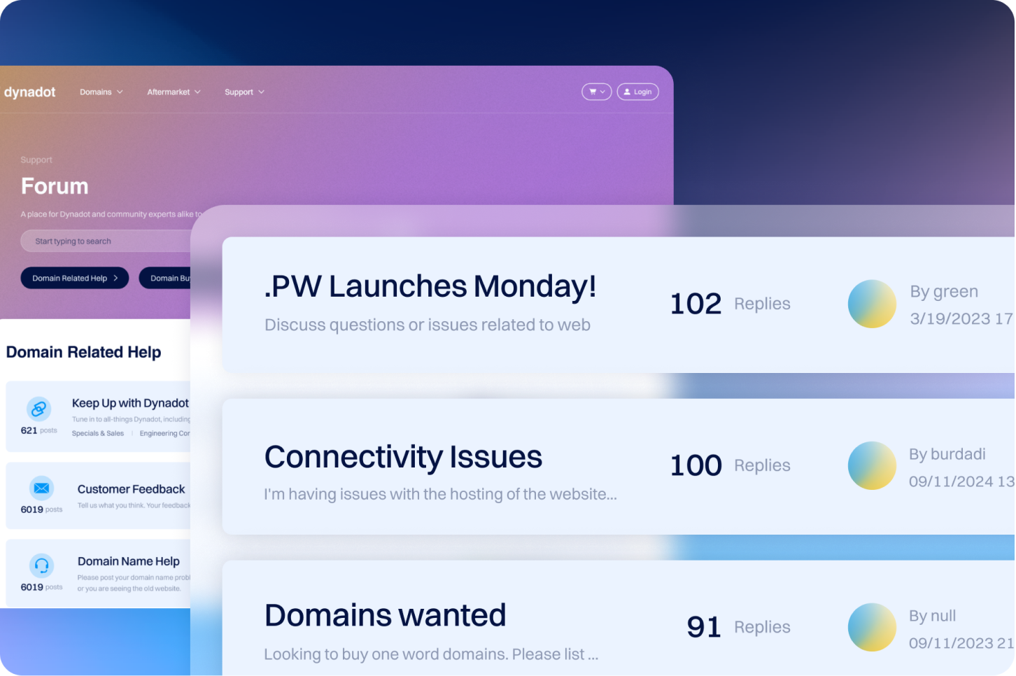 Dynadot Forum page mockup with a purple header and a list of discussion threads, showing titles like “.PW Launches Monday!”, “Connectivity Issues,” and “Domains wanted,” each with reply counts and user avatars.