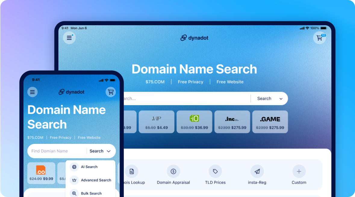Responsive Dynadot domain search interface with AI search, TLD prices, and tools.