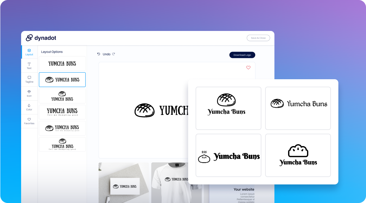 Dynadot logo maker showing multiple layout options for the Yumcha Buns brand.