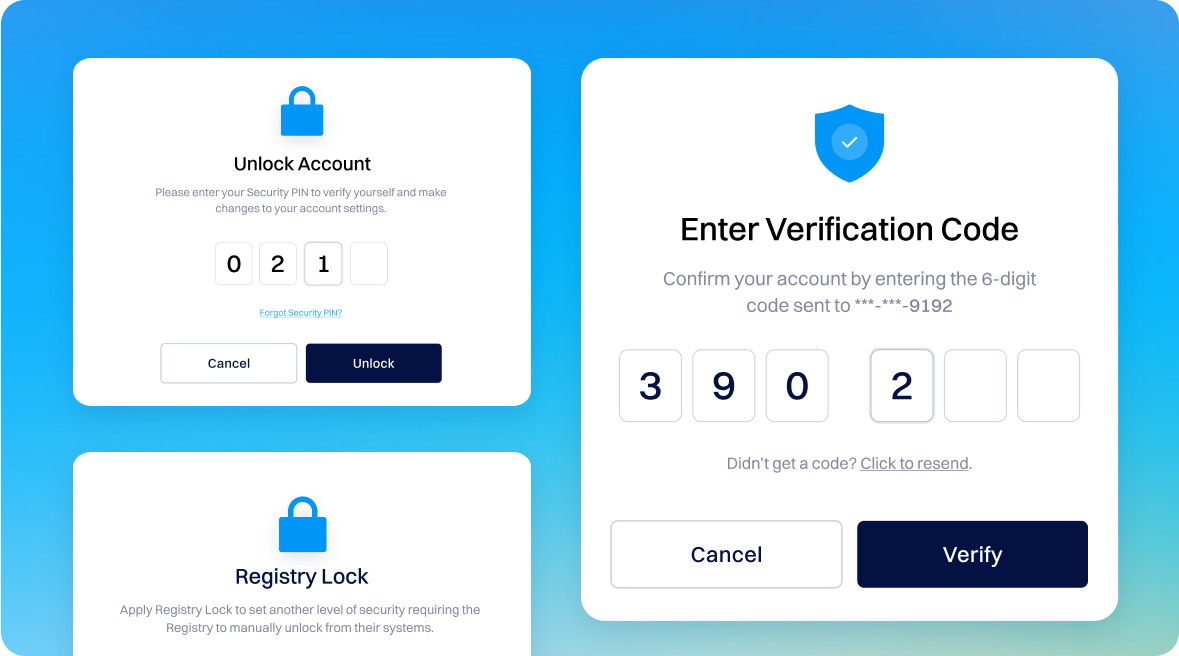 Security verification interface with account unlock PIN and 6‑digit verification code input.