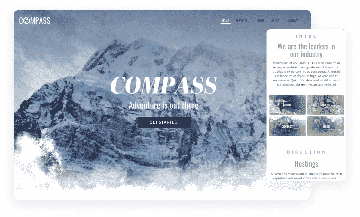 Kompass-Website-Vorlage mit einem schönen Bergketten-Header-Bild, einem sauberen, minimalistischen Design und der mobilen Version