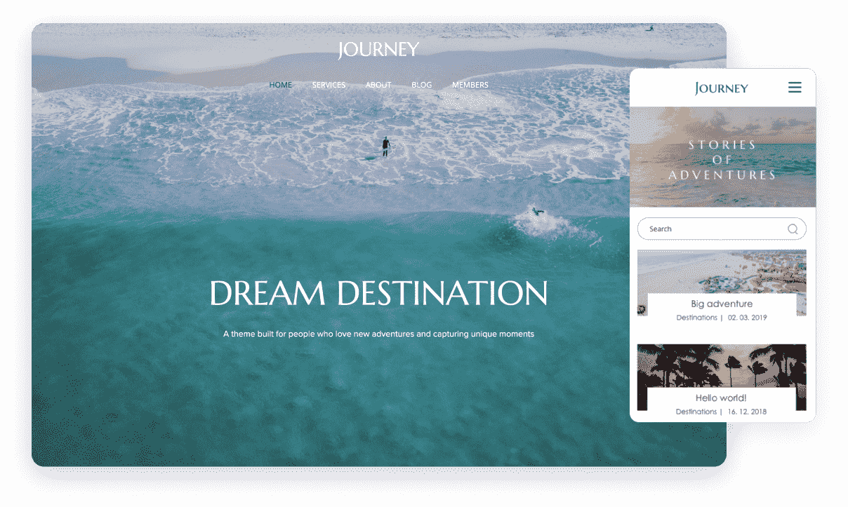 Fantasiereise-Website-Vorlage mit einem wunderschönen Vollbild-Strand für Hotels und Resorts und der mobilen Version
