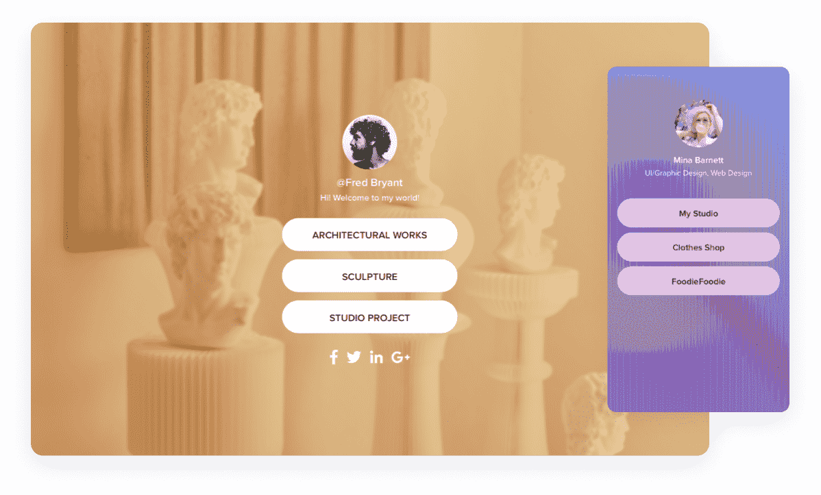 Link-Universum-Website-Vorlage, die verwendet wird, um auf die verschiedenen Websites und Social-Media-Seiten der Website-Ersteller zu verlinken, und der mobilen Version