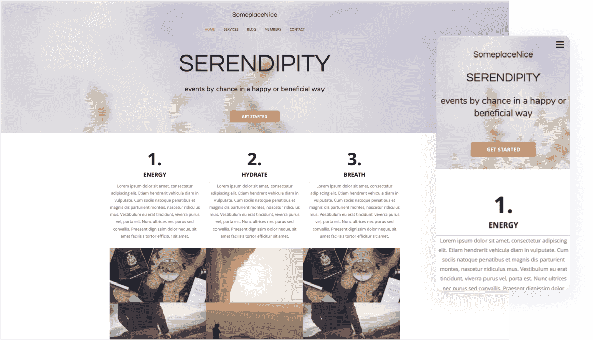 modello di sito web serendipity con un'immagine di intestazione stretta con colonne di contenuto per organizzare il testo e la versione mobile