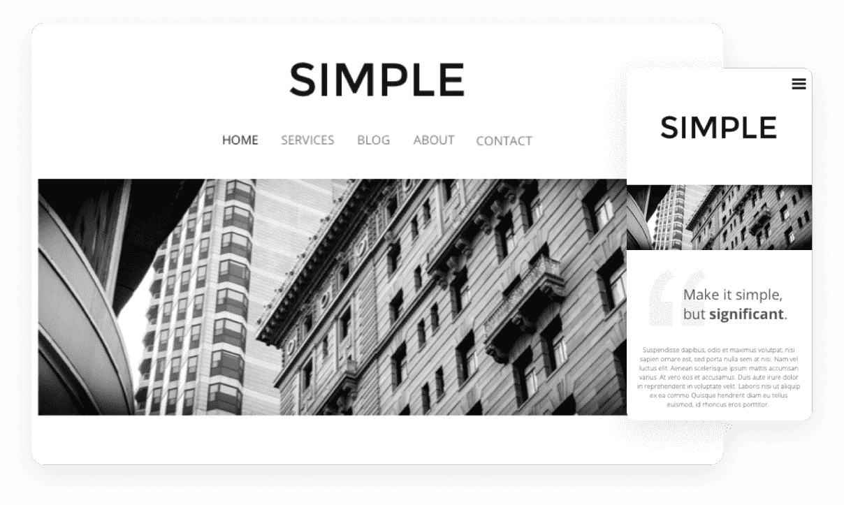 design di modello di sito web semplice e minimale con una grande navigazione e un'immagine di intestazione con edifici e la versione mobile
