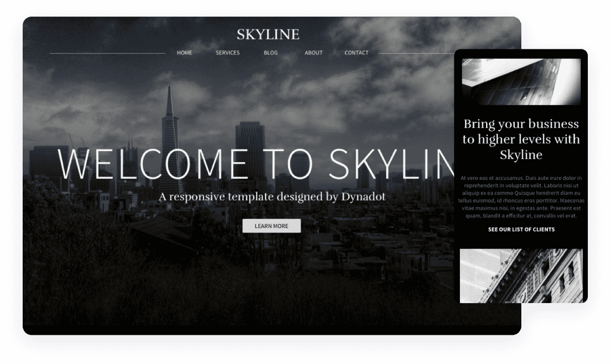 skyline website template with beautiful image of a city skyline with large text welcoming users and the mobile version