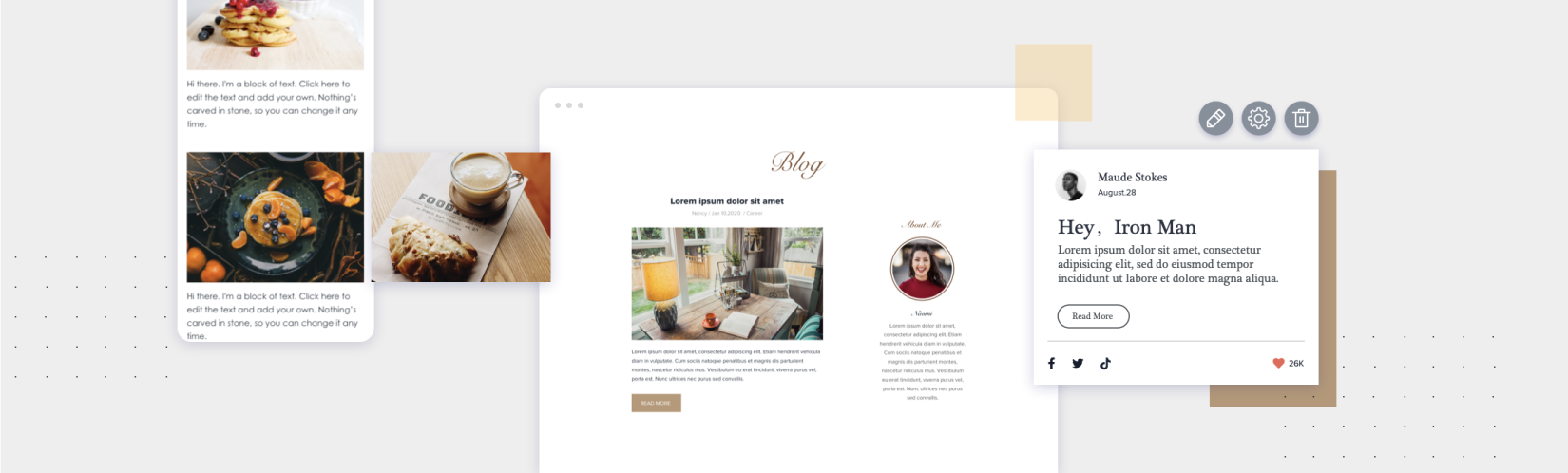 Collage, die Tools vom Dynadot-Website-Builder zeigt, wie Blog-Erstellung, mobile Reaktionsfähigkeit und Social-Media-Integration